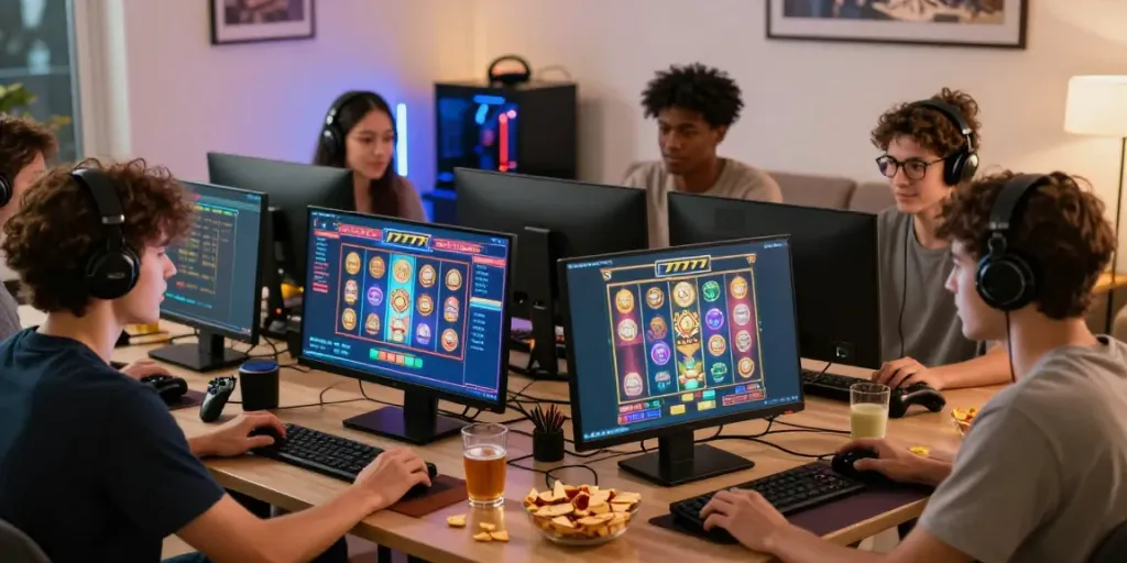 Kelompok pemain muda asyik bermain slot777 dengan suasana hangat dan aksesori game di ruang tamu.
