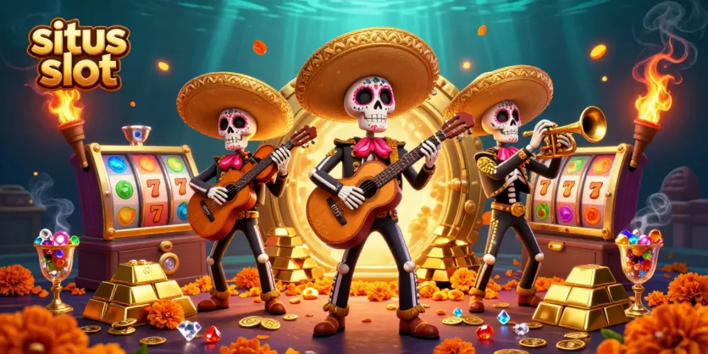 Experience the excitement of situs slot with a vibrant 3D mariachi band and dynamic casino elements.