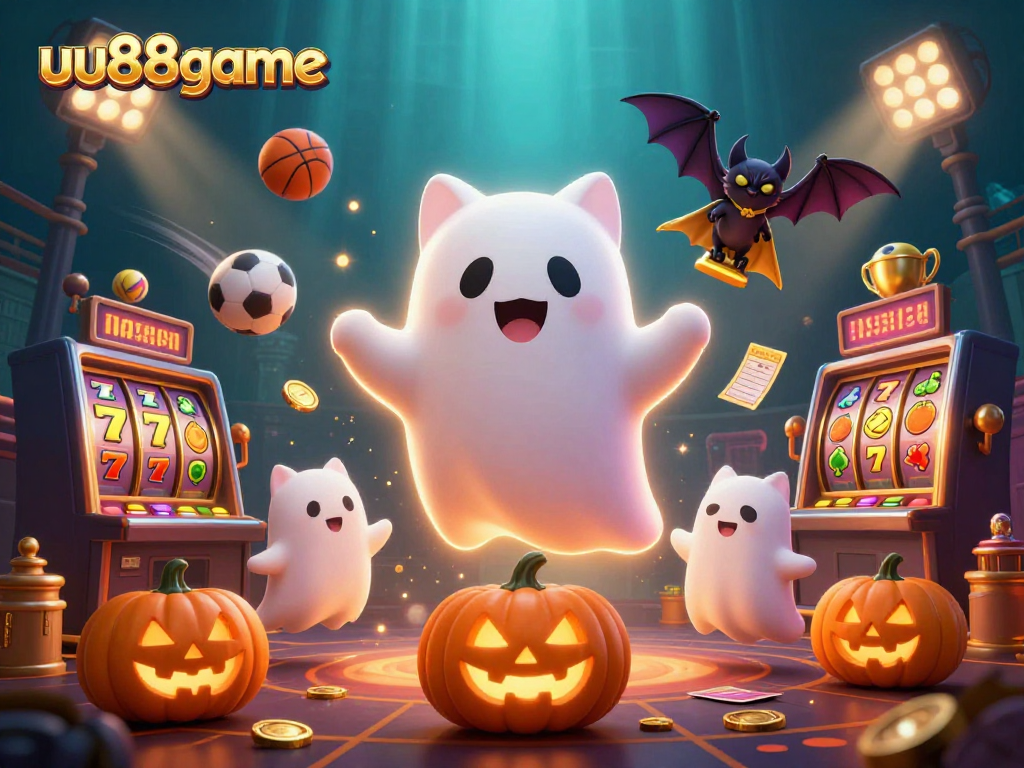 uu88game showcases thrilling slot action with a playful ghost cat and vibrant symbols in a haunted mansion.