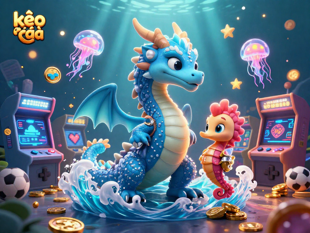 Bet on kèo nhà cái with immersive 3D illustration of dragon, knight, and neon jellyfish in vibrant scene.