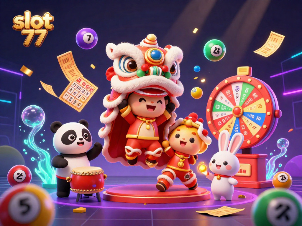 Engage with slot 77 amidst vibrant lottery elements, featuring lively characters in a festive casino setting.