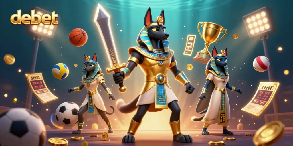 Engage in vibrant debet casino adventures with Anubis and Bastet amidst dynamic sports elements.