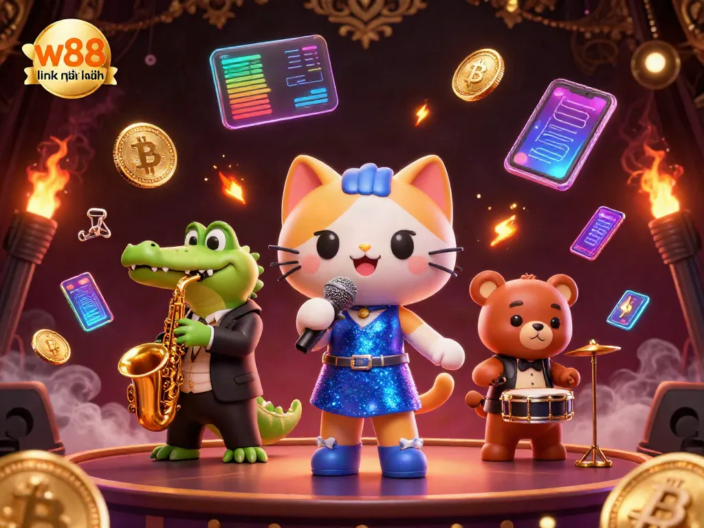Engage in the exciting world of w88 link mới nhất with vibrant casino characters and crypto elements.