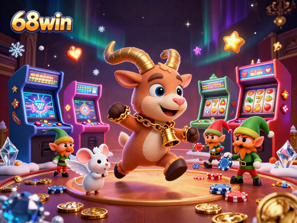 Experience excitement at 68win casino with festive characters amidst vibrant gaming action.