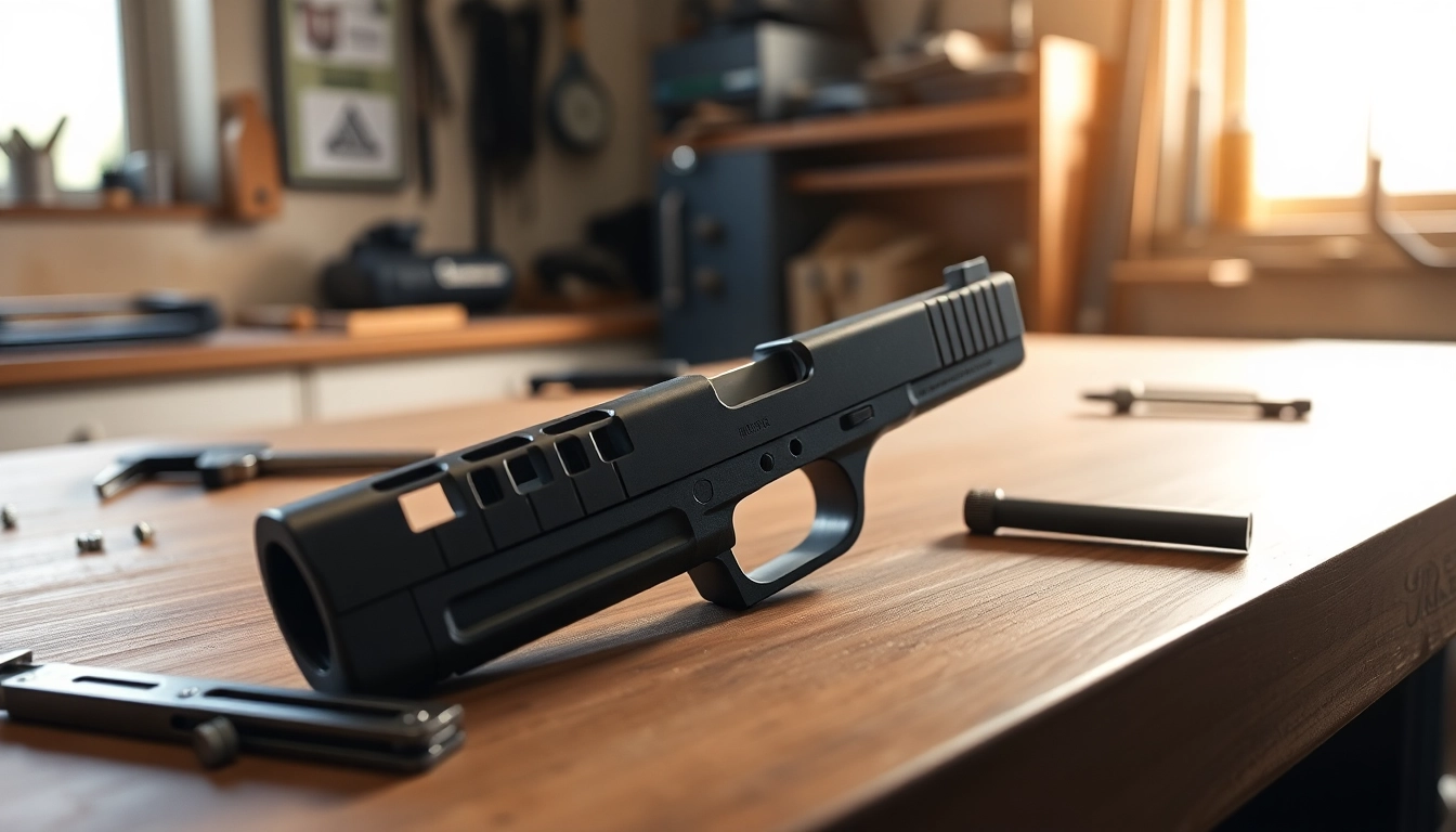 Examine the glock 17 slide showcasing intricate details in a professional workshop setup.