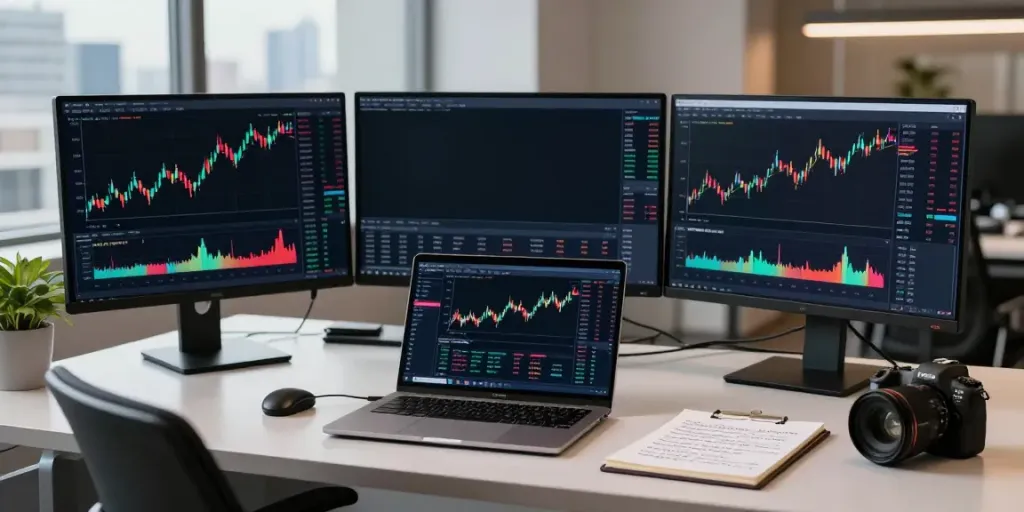 Trader analyzing TradingView charts in a modern financial workspace with multiple monitors.