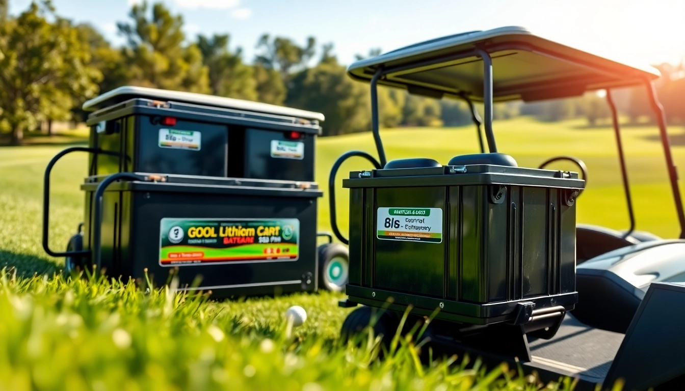 Showcase of lithium golf cart batteries installed in a golf cart on a sunny course.