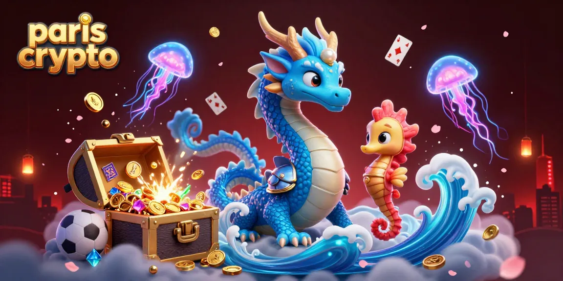 Pari crypto : mise en avant d'un dragon aquatique entouré de joyaux, symbolisant l'univers des paris sportifs.