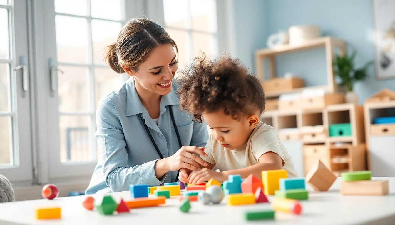 Supportive session for Autism help with a child in a warm therapy room featuring engaging toys and a compassionate therapist.