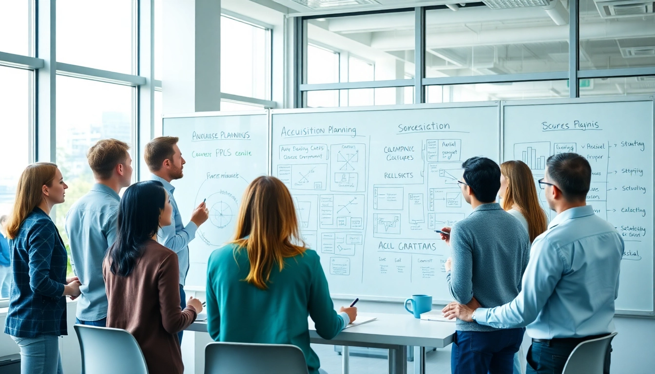 Team actively engaging in Acquisition Planning discussions with strategic elements in a bright office.