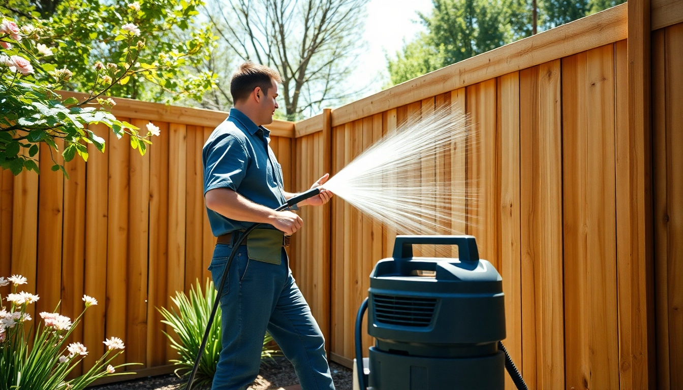 Performing Fence Cleaning on a wooden fence using soft wash techniques in a bright garden setting.