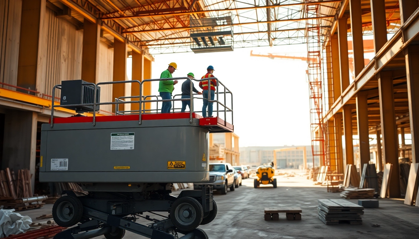 Workers safely using a manlift for high-reach tasks on a construction site.