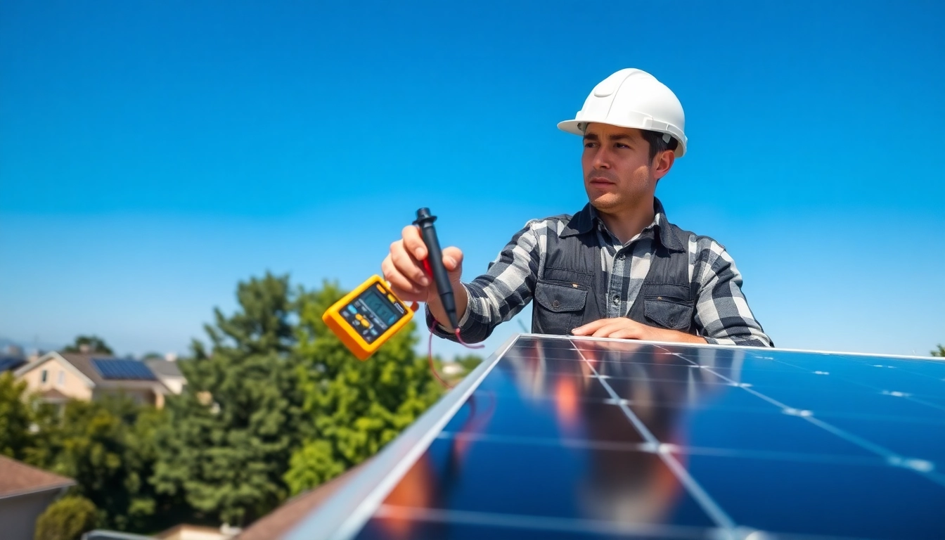 Experienced technician from a solar repair company New Jersey inspecting solar panels for maintenance.
