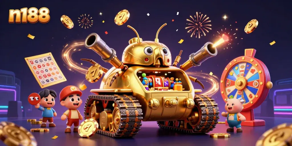 Experience n188's vibrant 3D casino scene with jackpots, confetti, and winning energy.