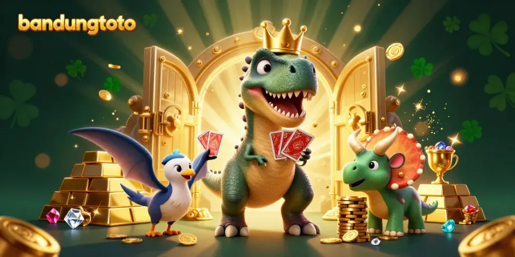 Engage in vibrant gameplay at bandungtoto with friendly dinosaurs amidst golden treasures.