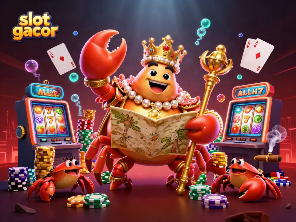 Engage with slot gacor adventures alongside a golden crab emperor and vibrant slot machines.
