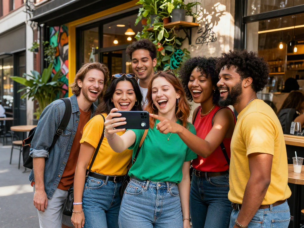 Friends using age prediction app to see how old do I look in a vibrant urban café.