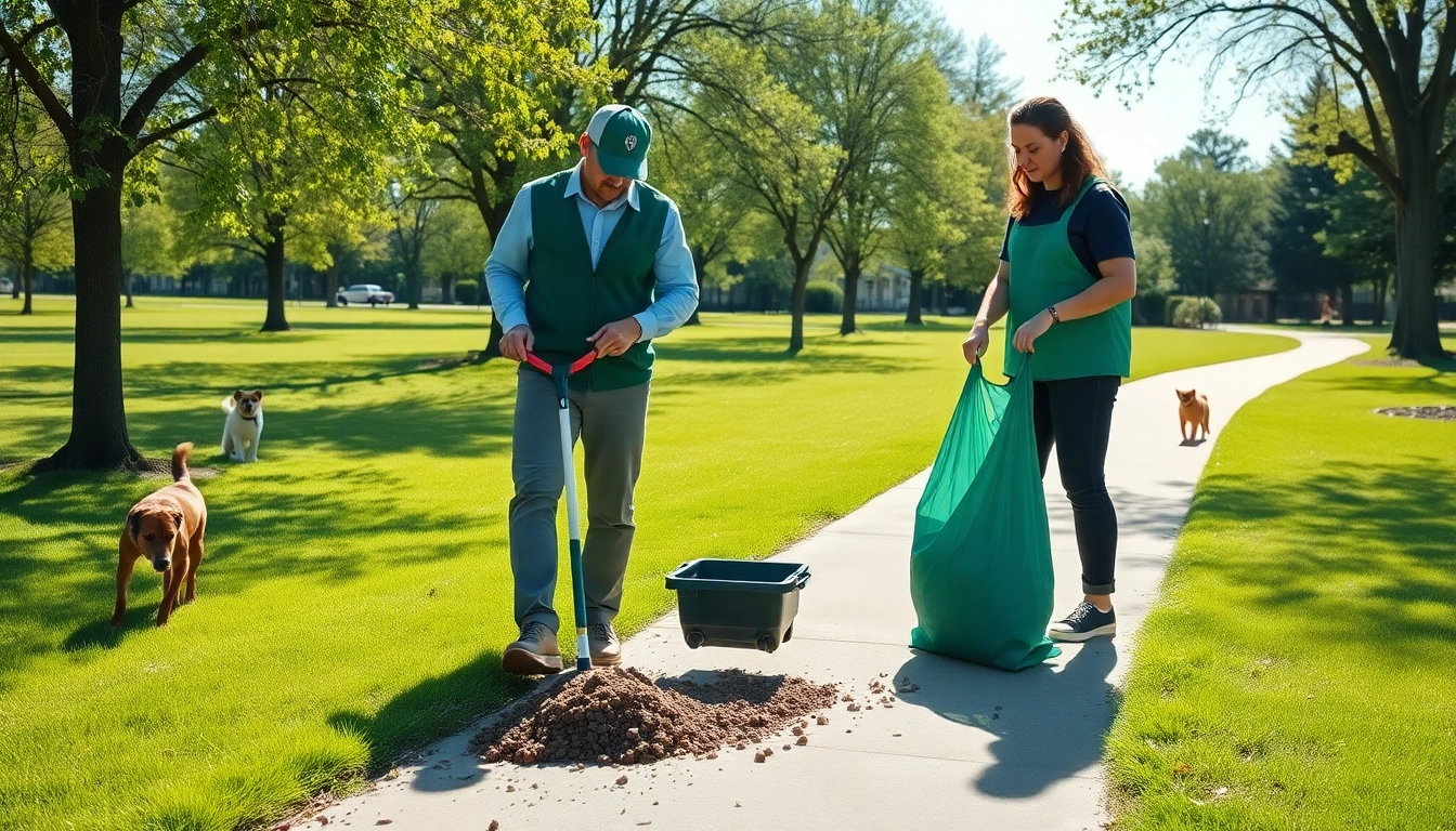 Dog poop cleanup service team efficiently managing pet waste in a park setting.