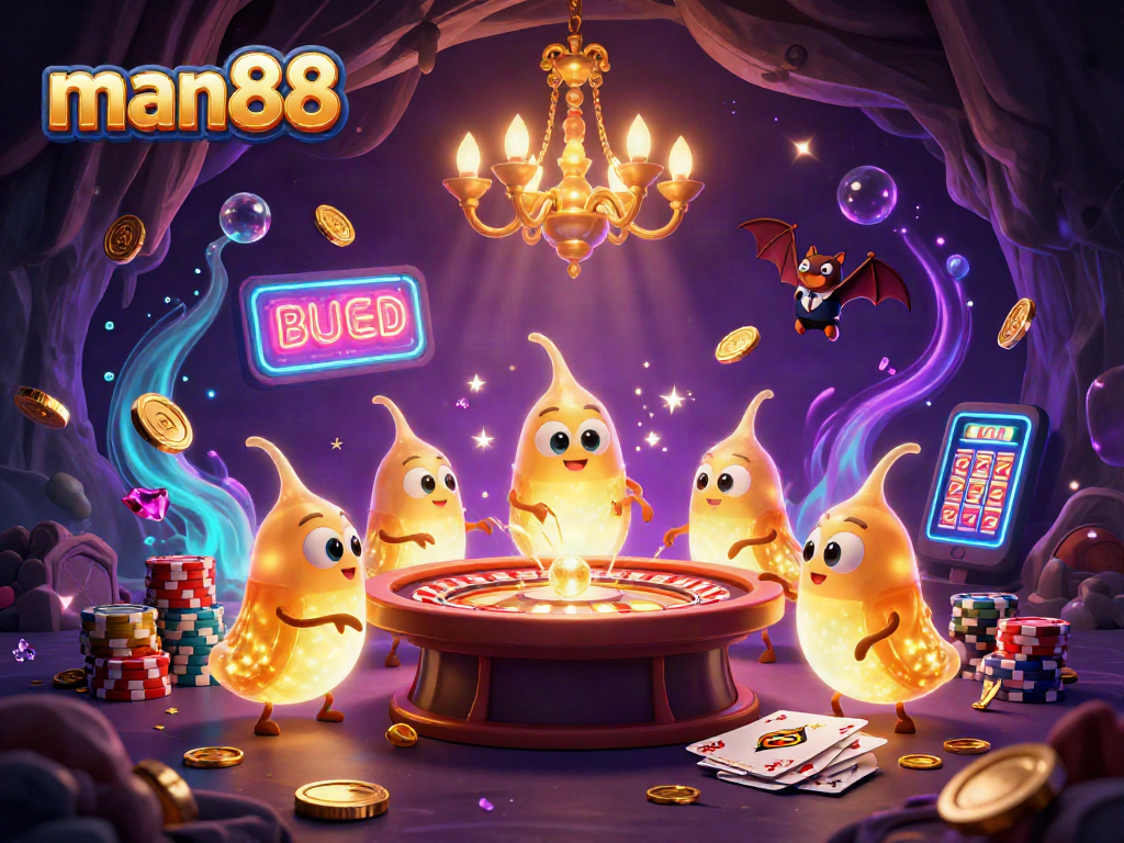 Engage in gaming excitement at man88's vibrant casino featuring golden coins, roulette, and glowing worm characters.