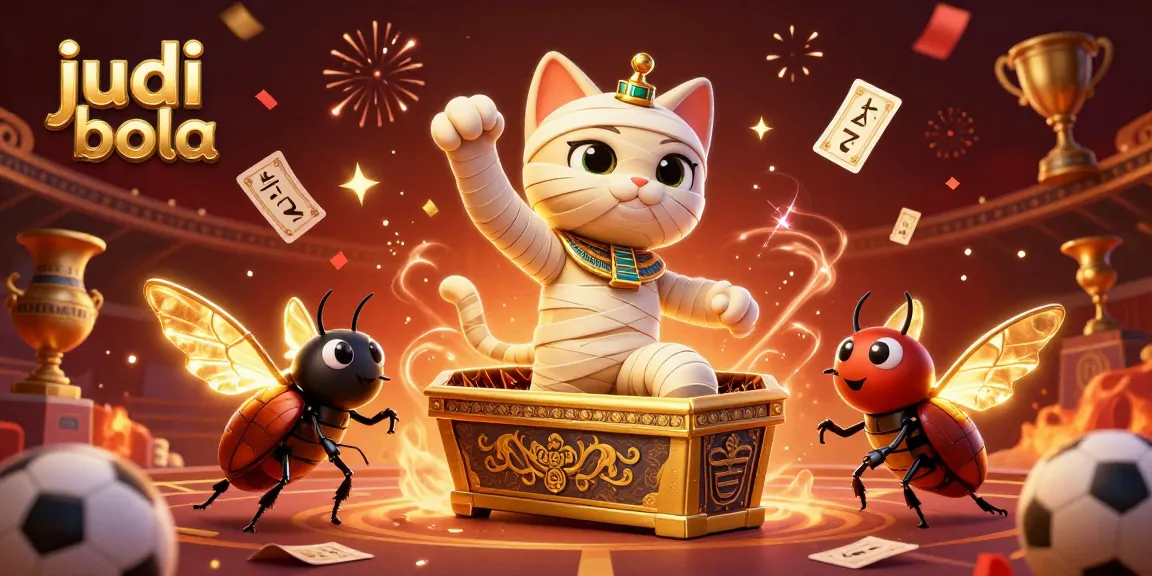 Gambaran menarik dari judi bola dengan mumi kucing dan elemen taruhan olahraga.