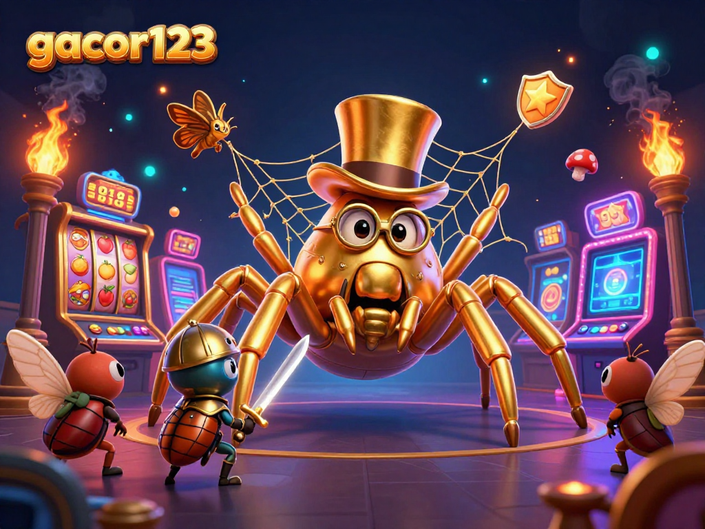 Engage with gacor123's thrilling gameplay featuring a golden tarantula and a beetle knight in a lively casino scene.