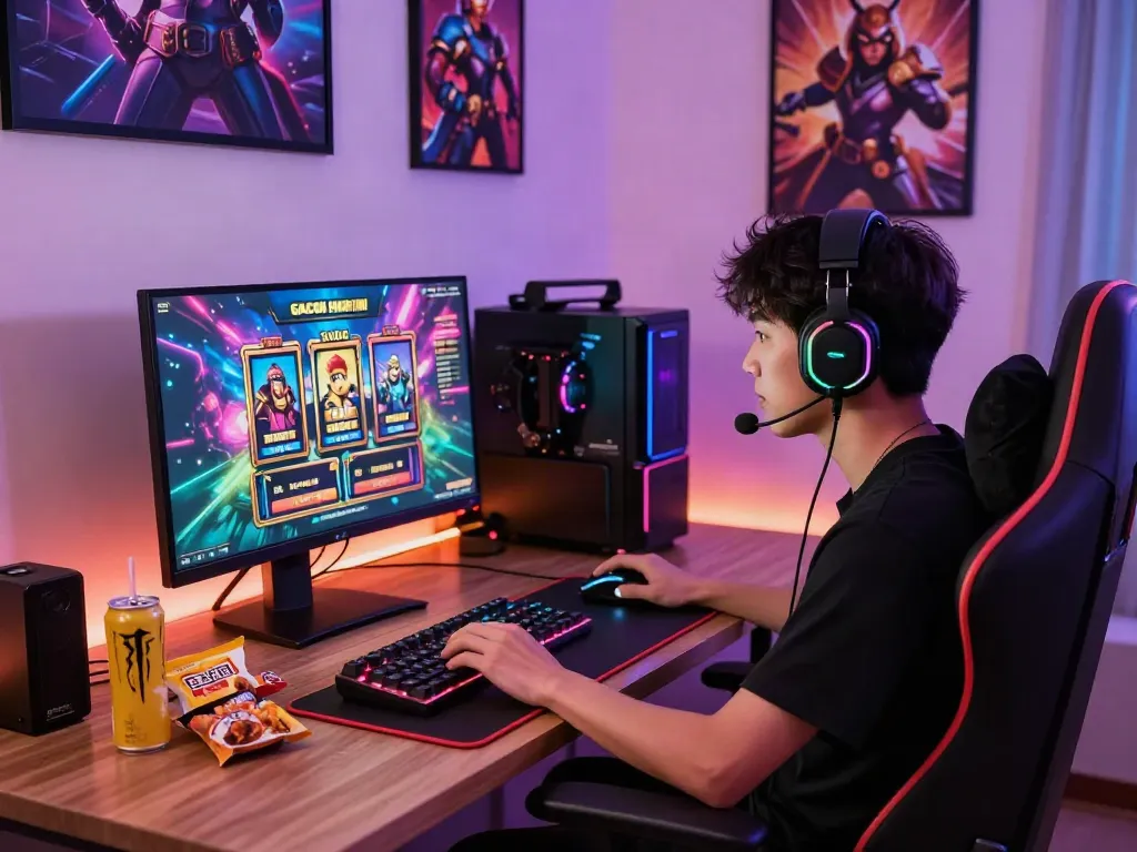 Gamer enjoying a thrilling slot gacor hari ini experience with vibrant graphics and focused atmosphere.