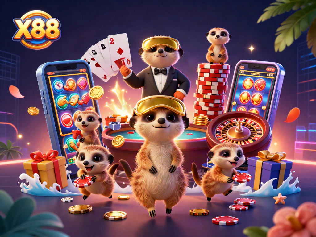 X88 casino operations come alive with meerkats, slot games, and vibrant poker scenes.