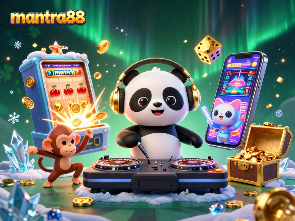 Experience thrilling gaming at mantra88 with 3D characters enjoying combined casino elements and a festive atmosphere.