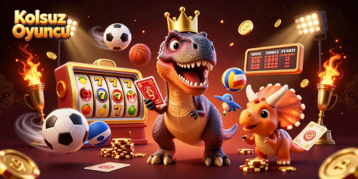 Kolsuz Oyuncu showcases a casino scene with a T-Rex, pterodactyl, and triceratops amidst slot machines and gold coins.