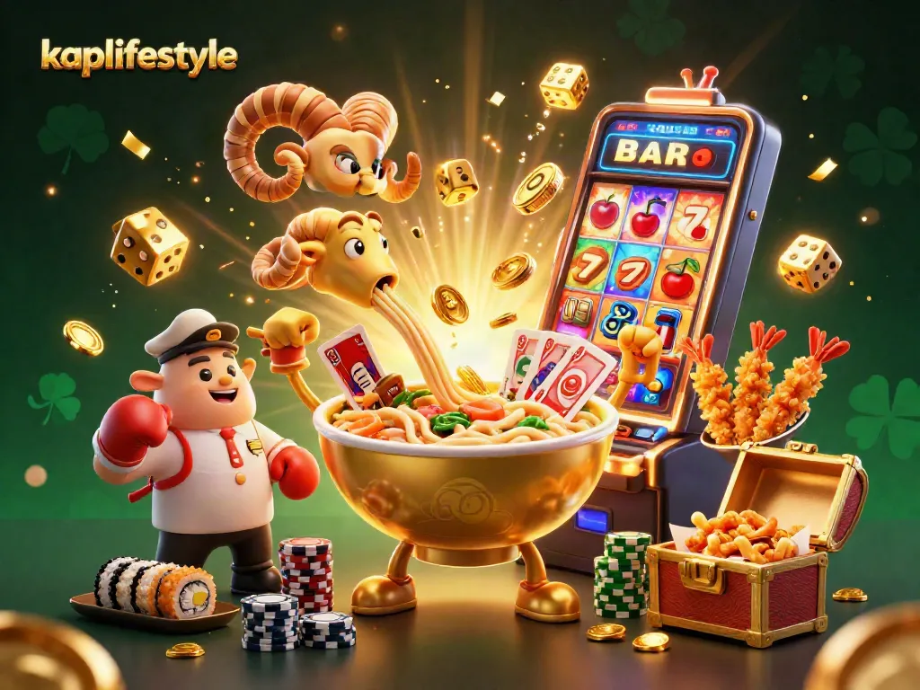 Engage in thrilling games with kaplifestyle featuring a vibrant casino scene with dynamic slots and cheering characters.
