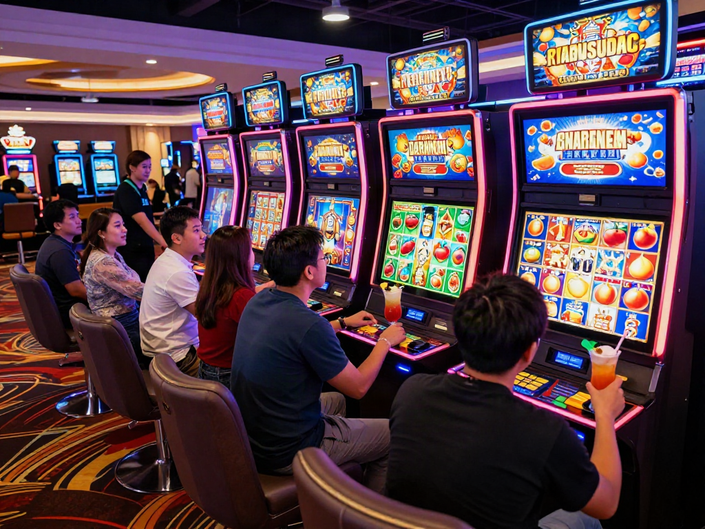 Excited players enjoying the experience of situs judi slot online in a lively casino atmosphere.