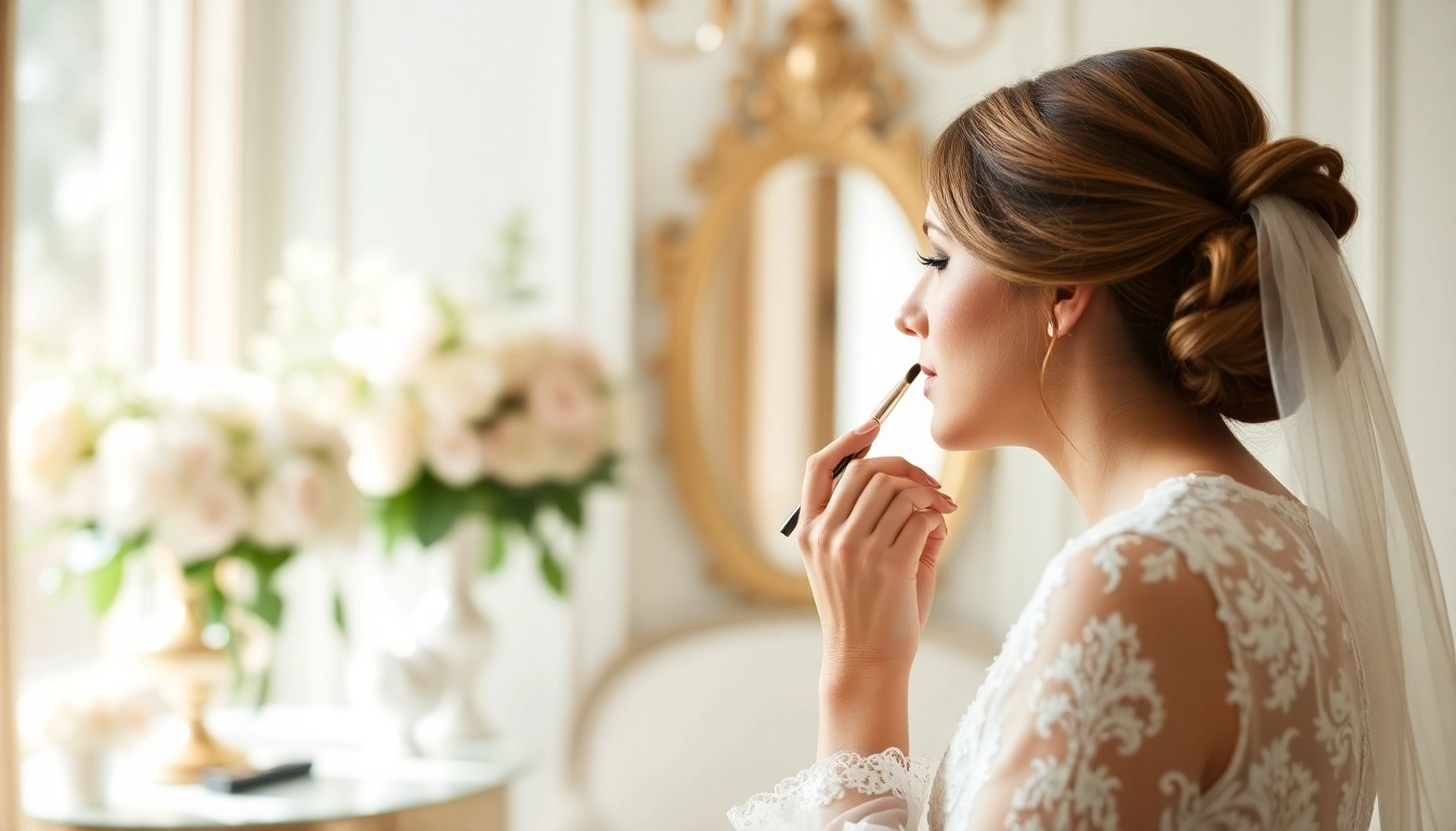 Dallas bridal makeup artist enhancing a bride's beauty in a serene setting.