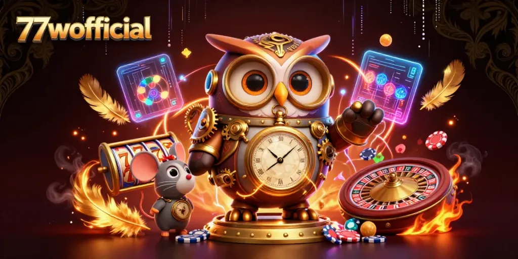 Spin the slot reels and explore 77wofficial's exciting gaming adventures with vibrant 3D visuals.