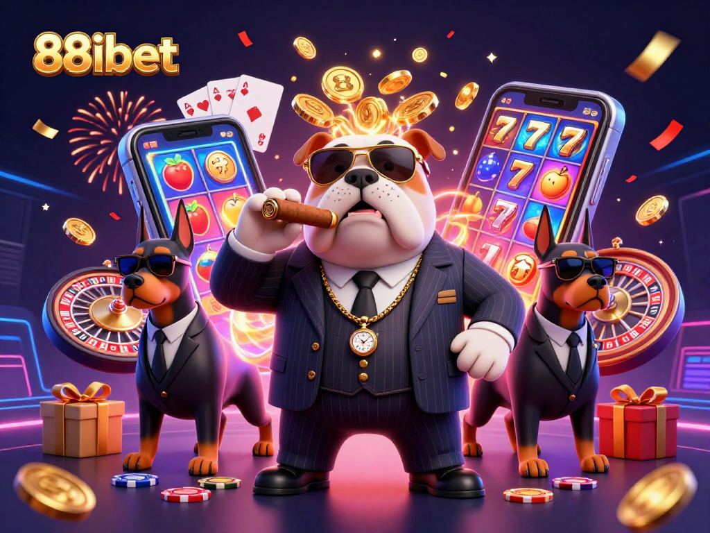 Experience the excitement of 88ibet with a lively scene of a mafia bulldog and Doberman bodyguards amid vibrant casino elements.