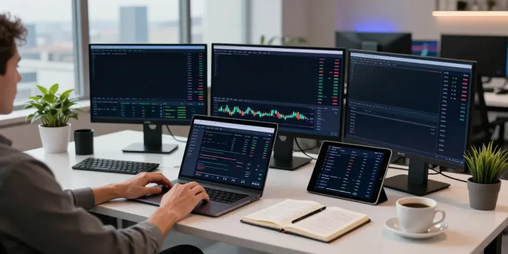 Best market data API India showcased in a vibrant trading setup with real-time crypto and stock data analysis.