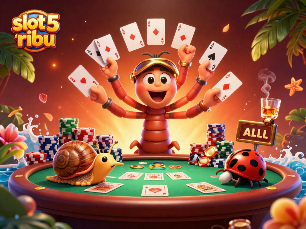 Play exciting games with slot 5 ribu, featuring vibrant characters and casino elements.