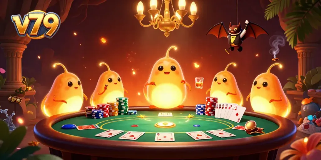 Engage in thrilling poker action at v79 with lively glowworms illuminating the scene in a unique casino atmosphere.