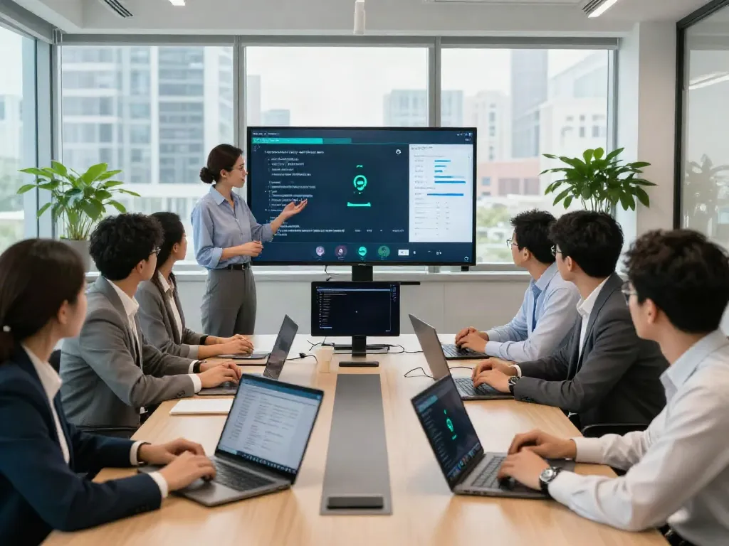 Deepfake protected Online Video Calls, Meetings and Conferencing in a corporate meeting with security alerts displayed on screen.