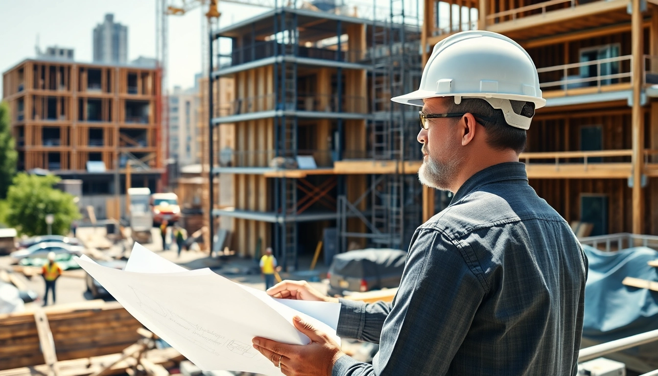 Experienced New York City General Contractor inspecting site plans with a lively construction backdrop.