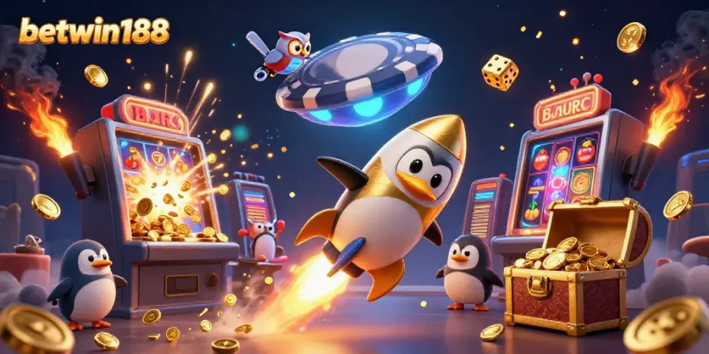 Menangkan jackpot di betwin188 dengan ilustrasi kartun 3D penguin emas meluncur ke ruang kasino.