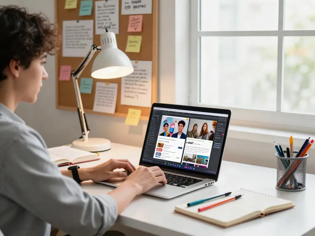 A content creator made a post at a modern digital workspace, engaged with a laptop and colorful materials.