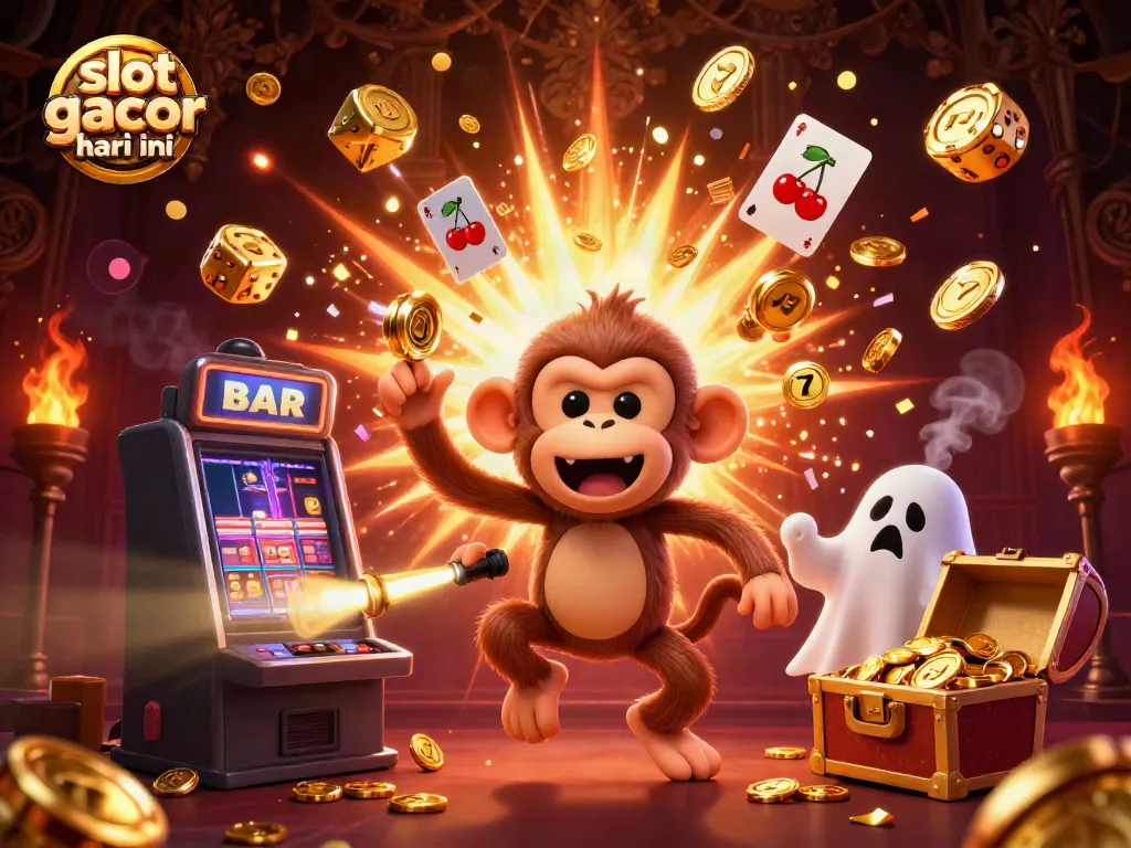 Explore exciting slot gacor hari ini adventures with a playful ghost-hunter puppy and poltergeist monkey in a lively casino.