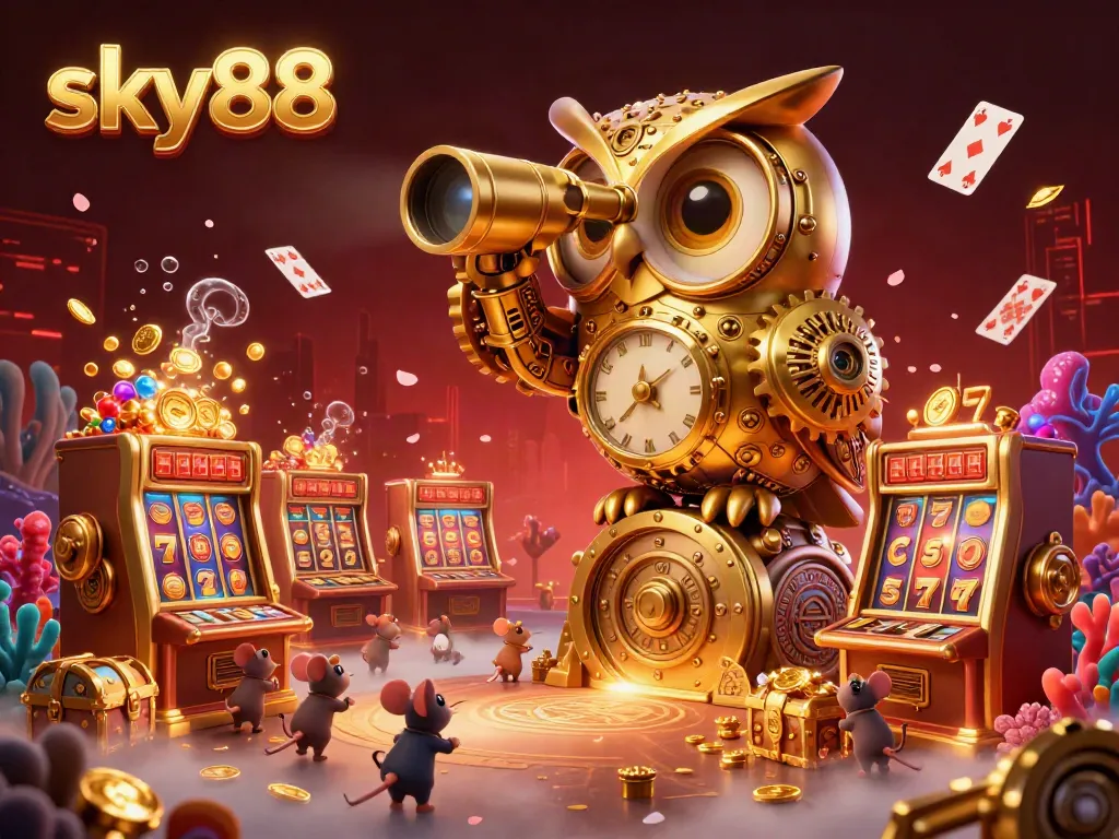 Experience the dynamic thrill of sky88 with energized mice among slot machines and treasure.