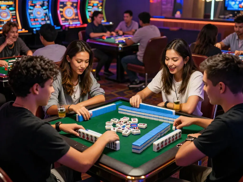Exciting Slot MAHJONGJP88 gaming scene with players engaged around a Mahjong table in a vibrant casino.
