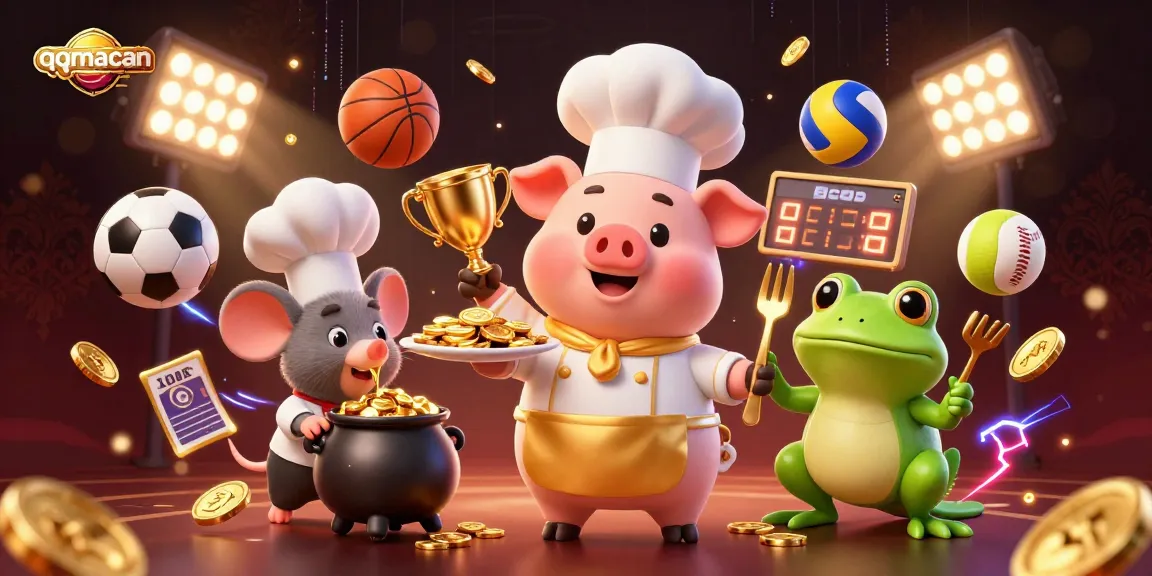 Engage in gaming with qqmacan as a 3D cartoon chef pig serves gold coins surrounded by dynamic sports elements.