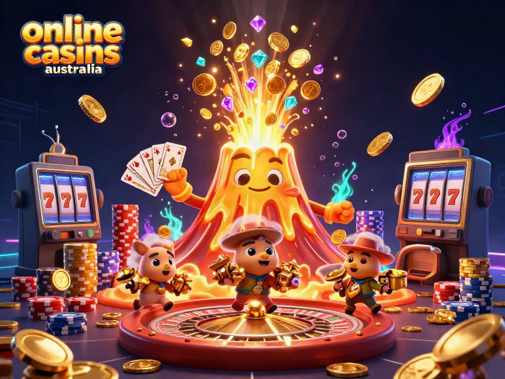 Engaging scene showcasing online casinos Australia with a golden volcano, treasure-laden animals, and casino elements.
